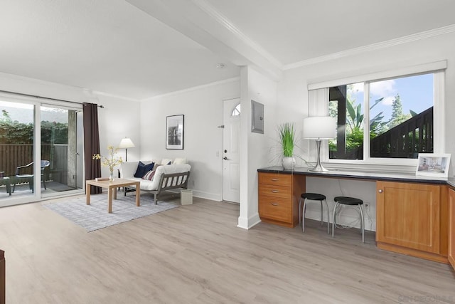 home office featuring ornamental molding, electric panel, and light hardwood / wood-style flooring