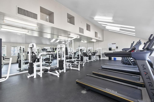 workout area featuring high vaulted ceiling