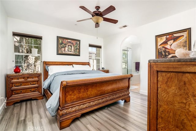 bedroom featuring ceiling fan and light wood-type flooring