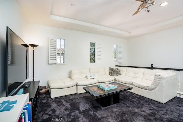 carpeted living room with a raised ceiling and plenty of natural light