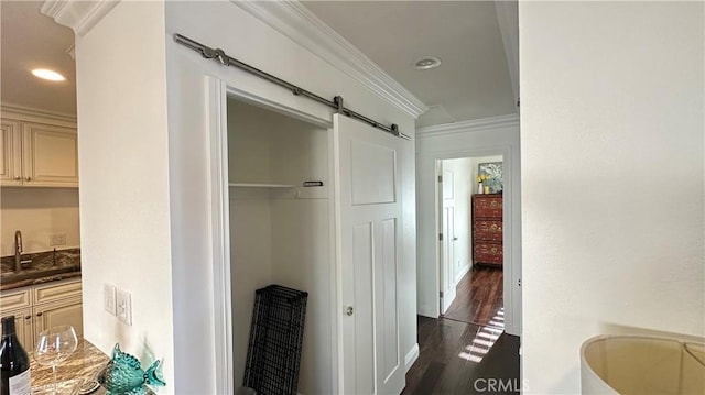 corridor featuring a barn door, dark wood-type flooring, ornamental molding, and sink