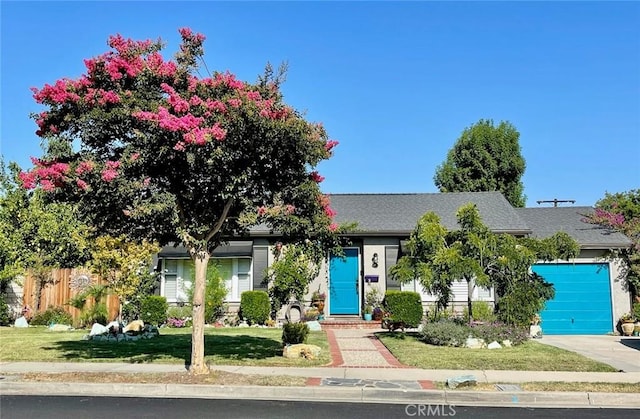 view of property hidden behind natural elements with a front yard and a garage