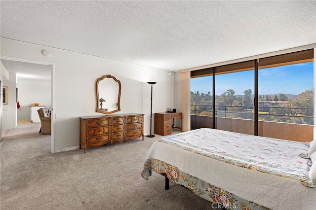 carpeted bedroom featuring expansive windows, a mountain view, and a textured ceiling