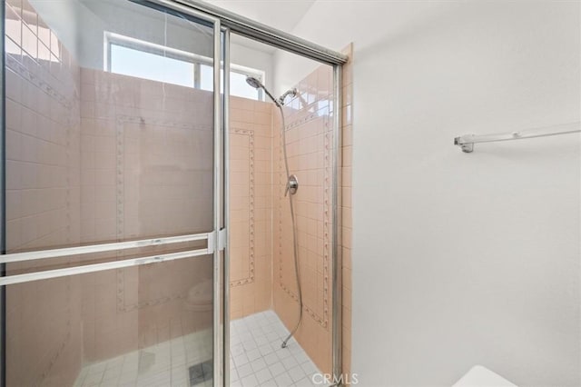 bathroom featuring a shower with shower door