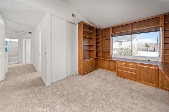 unfurnished office with light carpet and vaulted ceiling