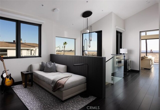 living area with lofted ceiling and dark hardwood / wood-style floors