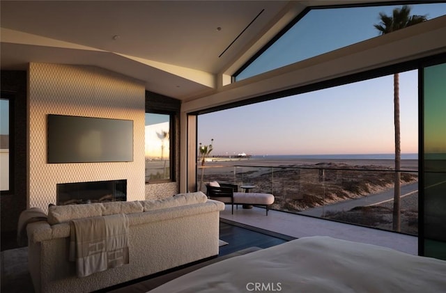 interior space with lofted ceiling and a fireplace