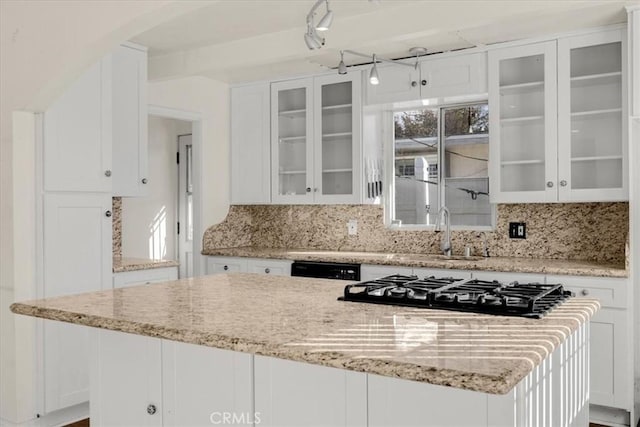 kitchen with backsplash, light stone countertops, white cabinetry, and black dishwasher