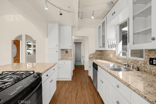 kitchen with white cabinetry, decorative backsplash, light wood-type flooring, light stone counters, and sink