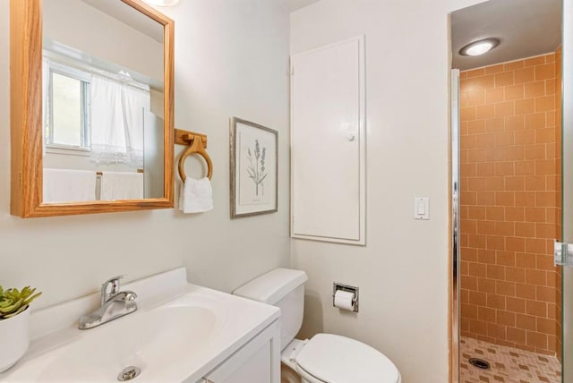 bathroom with vanity, toilet, and tiled shower