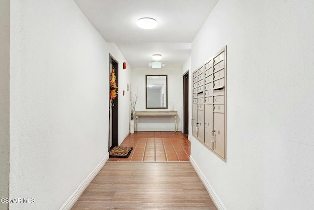 corridor with light wood-type flooring and a mail area