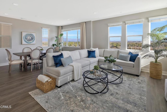 living area featuring wood finished floors and baseboards