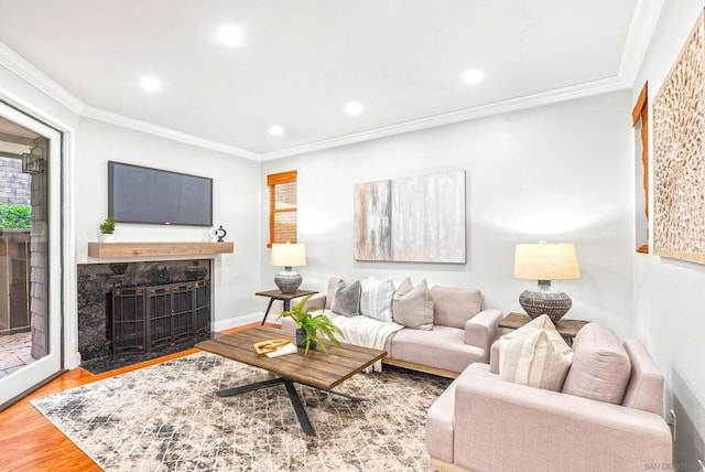 living room with wood-type flooring, ornamental molding, and a fireplace