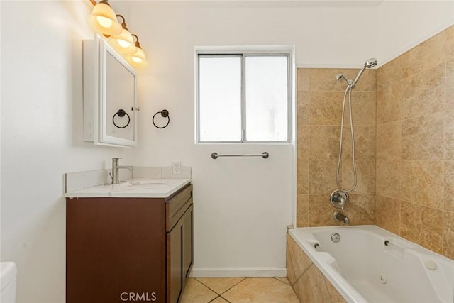 full bathroom with toilet, tile patterned flooring, tiled shower / bath combo, and vanity