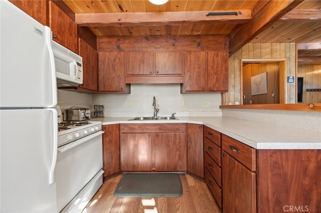 kitchen featuring beam ceiling, light countertops, wooden ceiling, a sink, and white appliances