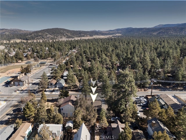 bird's eye view featuring a wooded view and a mountain view