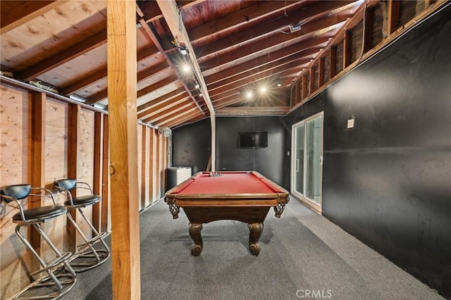 rec room featuring wooden ceiling, billiards, carpet flooring, and vaulted ceiling with beams