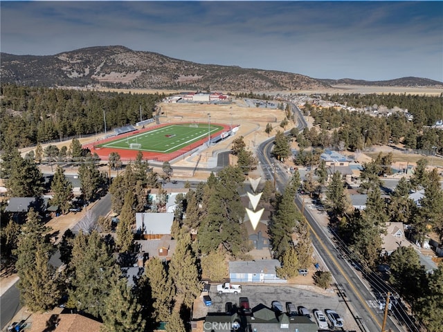 drone / aerial view featuring a mountain view