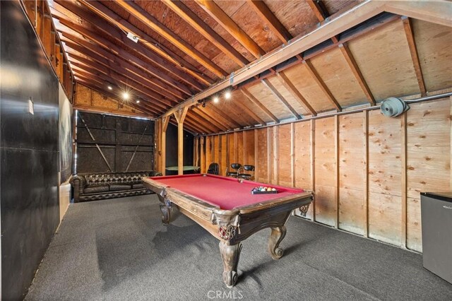 game room with vaulted ceiling, carpet, and pool table