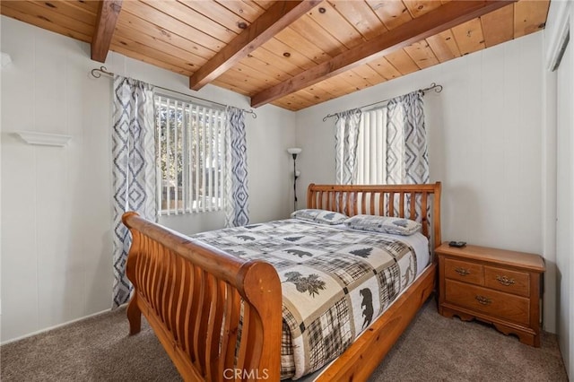 bedroom featuring carpet, wood ceiling, and beamed ceiling