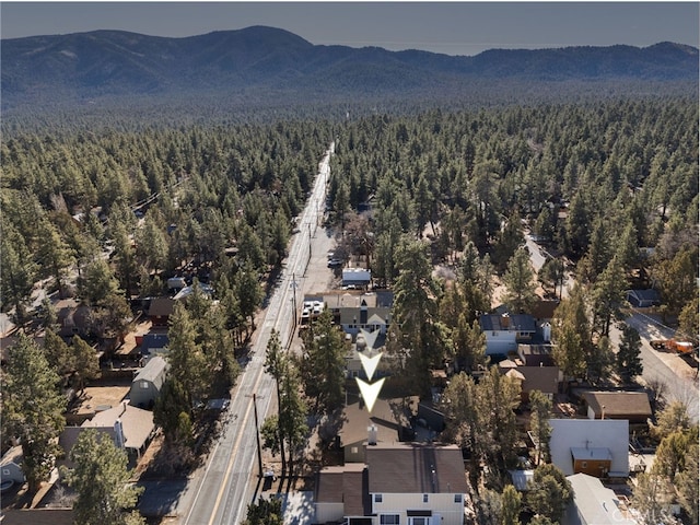 birds eye view of property featuring a forest view and a mountain view