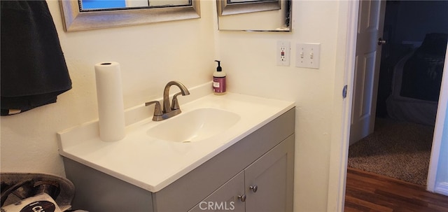 bathroom with hardwood / wood-style floors and vanity