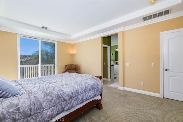 carpeted bedroom with access to exterior and a raised ceiling