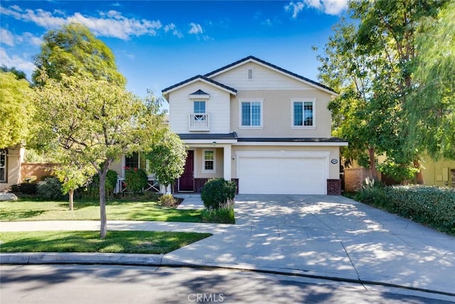 front facade with a front lawn and a garage