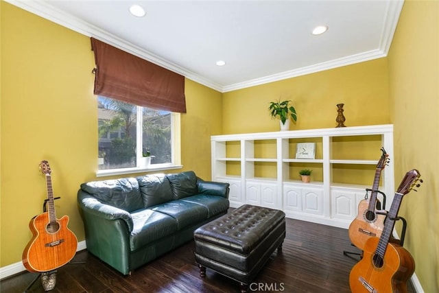 living room featuring dark wood-type flooring and crown molding