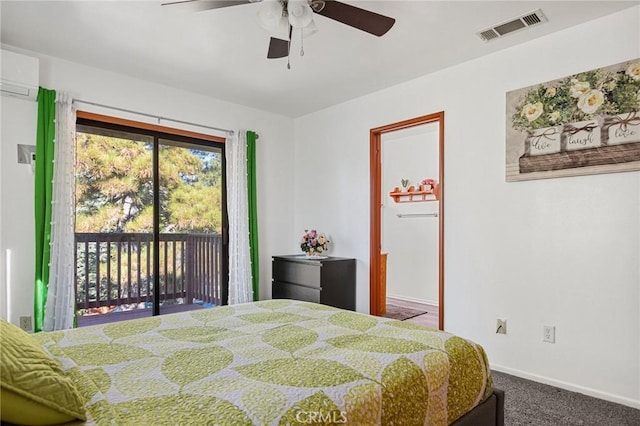 bedroom featuring ceiling fan, access to outside, a wall mounted air conditioner, stainless steel refrigerator, and carpet flooring