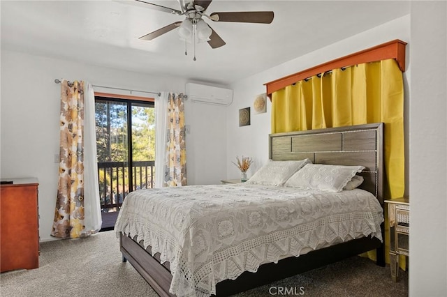 bedroom featuring ceiling fan, a wall mounted AC, access to exterior, and carpet