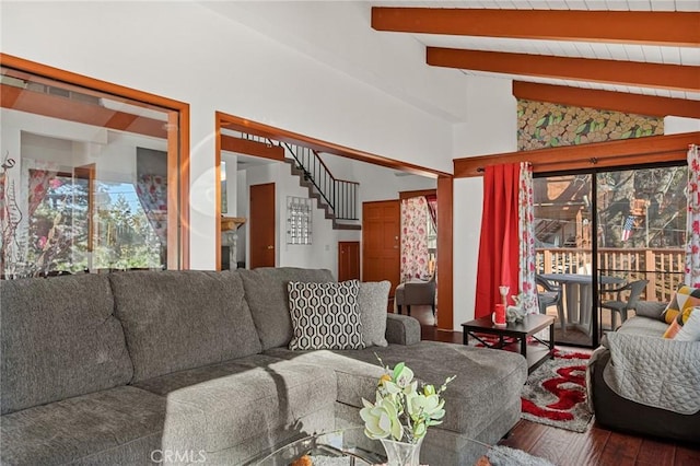 living room with wooden ceiling, lofted ceiling with beams, and hardwood / wood-style flooring