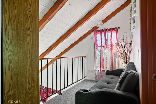 bonus room with carpet and vaulted ceiling with beams