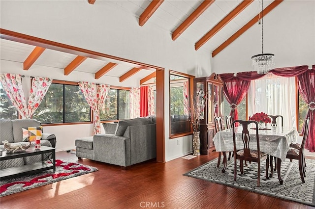 living room featuring an inviting chandelier, dark hardwood / wood-style flooring, beam ceiling, and high vaulted ceiling