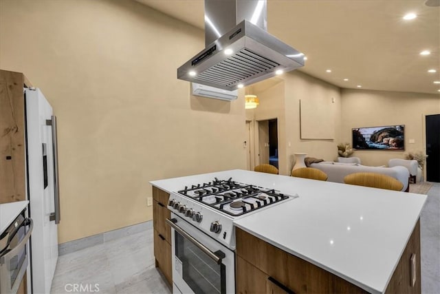 kitchen with white appliances, island range hood, and a kitchen island