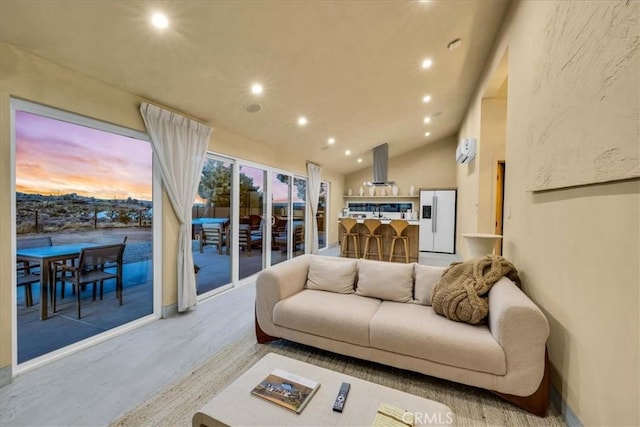 living room featuring lofted ceiling