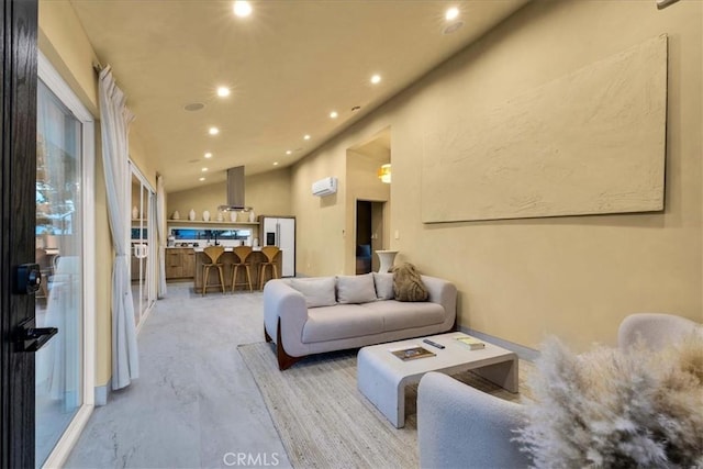 living room with a wall mounted air conditioner and vaulted ceiling