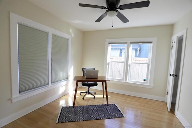 office space with ceiling fan and light wood-type flooring