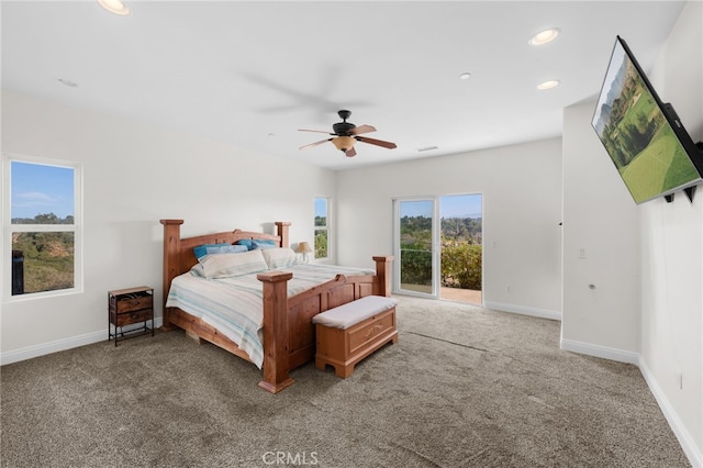 bedroom with carpet, ceiling fan, and access to outside