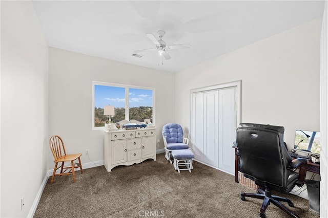 2240 Aqua Hill Rd, Fallbrook, CA 92028 - office featuring dark carpet, a ceiling fan, and baseboards