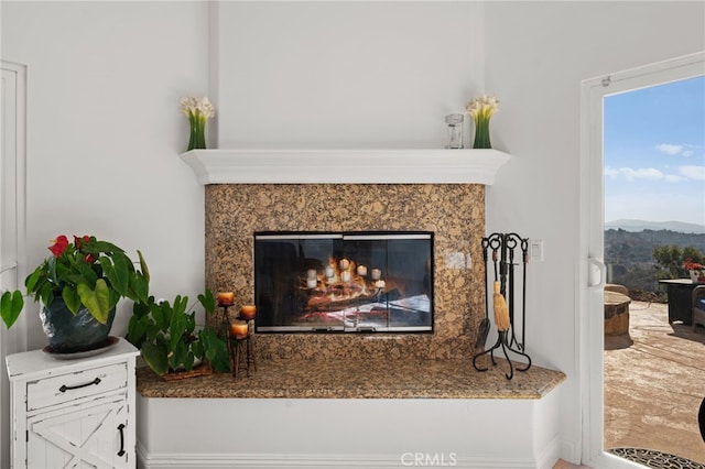 interior details featuring a mountain view and a premium fireplace