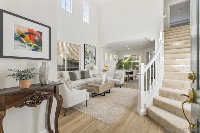 living room with a high ceiling and light hardwood / wood-style flooring