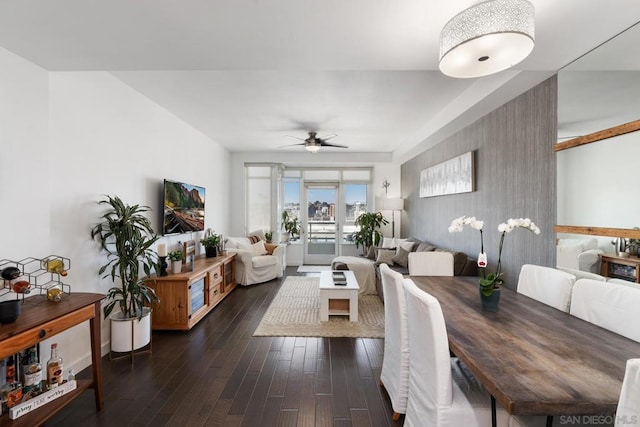 dining room featuring ceiling fan and dark hardwood / wood-style flooring