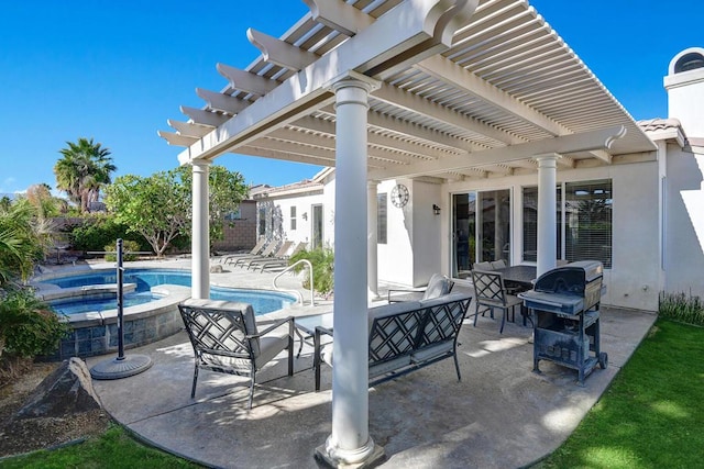 view of patio featuring a swimming pool with hot tub, area for grilling, and a pergola