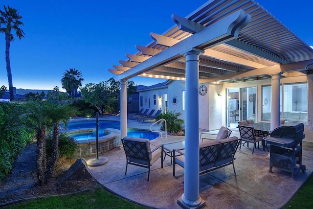 patio terrace at dusk with an outdoor hangout area, a pergola, a swimming pool with hot tub, and grilling area