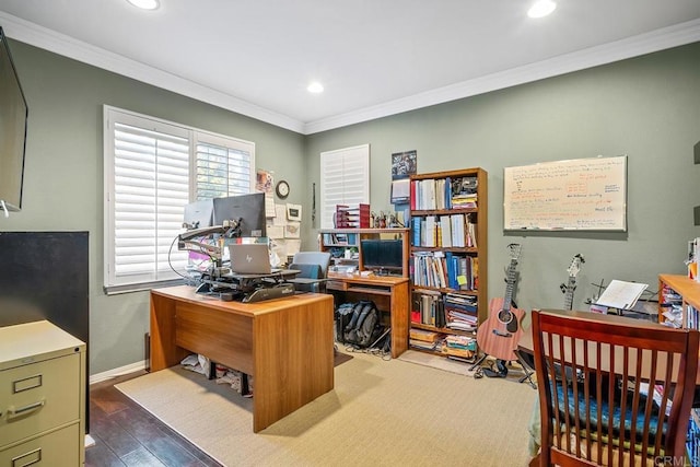 office area featuring dark wood-type flooring and ornamental molding