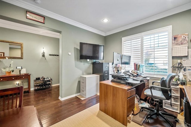 office space with dark wood-type flooring and crown molding