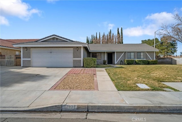 single story home featuring a front yard and a garage