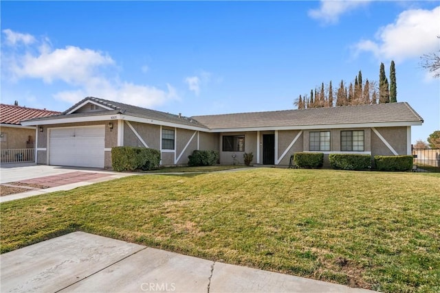 single story home with a garage and a front yard