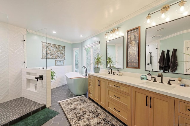 bathroom with separate shower and tub, vanity, tile patterned flooring, and crown molding